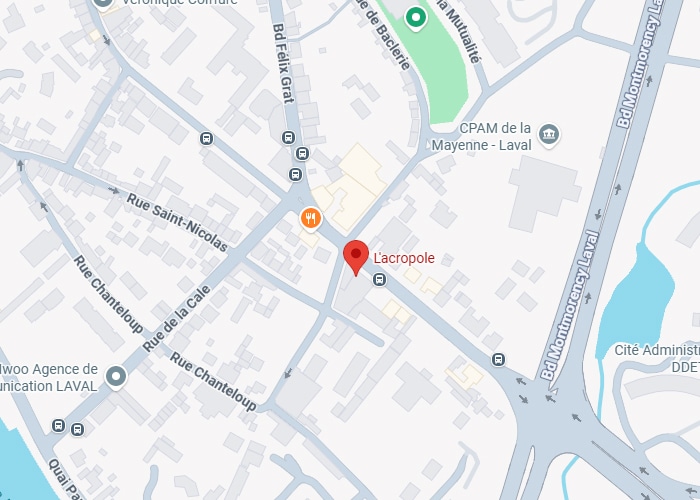 Localisation L'Acropole Laval - Rue Saint-Nicolas Carte centrée sur L'Acropole à Laval, près de la Rue Saint-Nicolas, Bd Félix Grat et Bd Montmorency Laval.